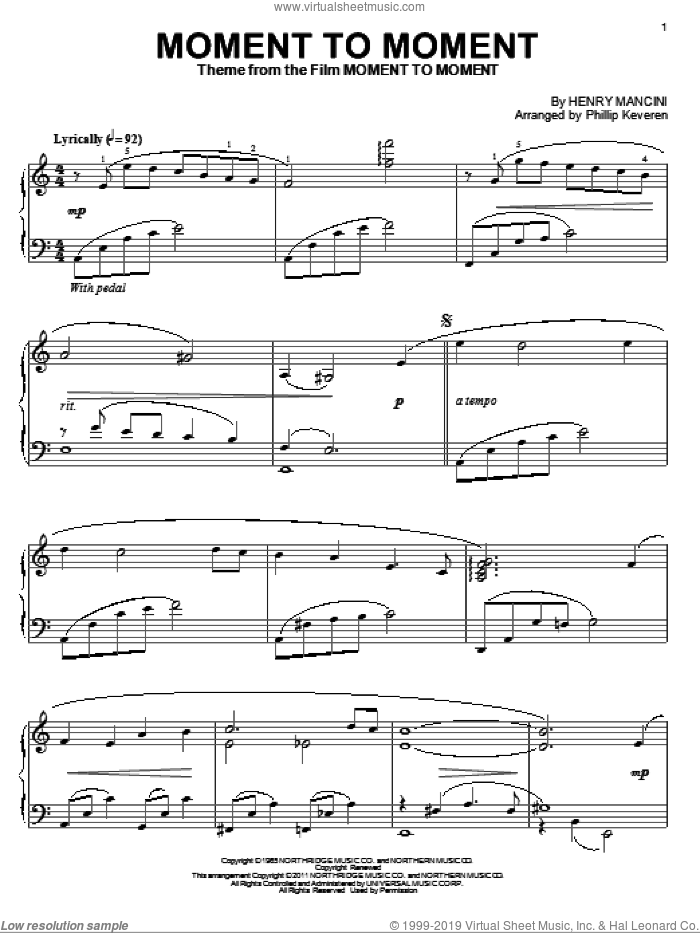 Moment To Moment (arr. Phillip Keveren) sheet music for piano solo by Henry Mancini and Phillip Keveren, intermediate skill level