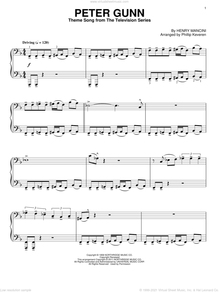 Peter Gunn Theme (arr. Phillip Keveren) sheet music for piano solo by Henry Mancini and Phillip Keveren, intermediate skill level