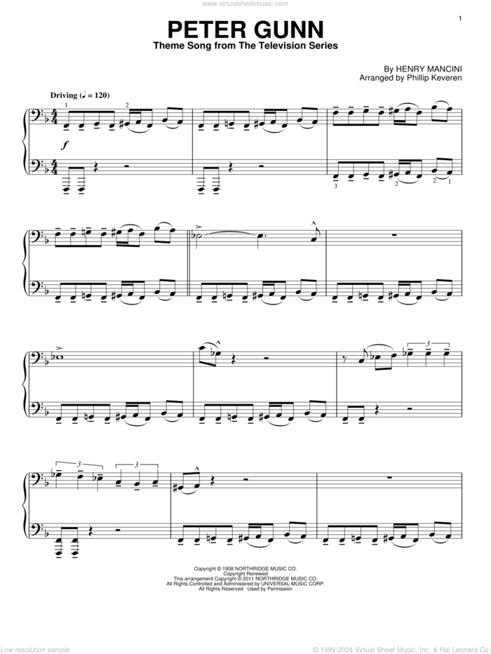 Peter Gunn Theme (arr. Phillip Keveren) sheet music for piano solo by Henry Mancini and Phillip Keveren, intermediate skill level