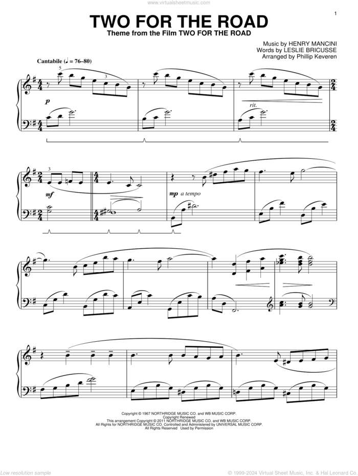 Two For The Road (arr. Phillip Keveren) sheet music for piano solo by Henry Mancini, Phillip Keveren and Leslie Bricusse, intermediate skill level