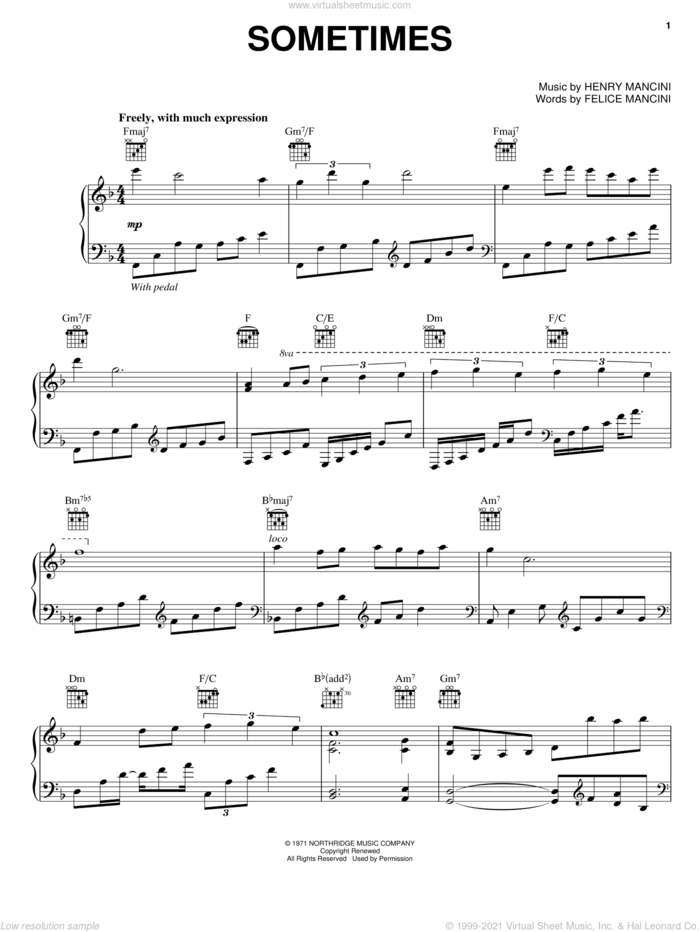 Sometimes sheet music for voice, piano or guitar by Henry Mancini, Carpenters and Felice Mancini, intermediate skill level