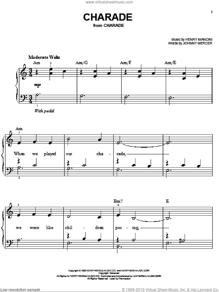 Charade, (easy) sheet music for piano solo by Henry Mancini, Andy Williams, Sammy Kaye and Johnny Mercer, easy skill level