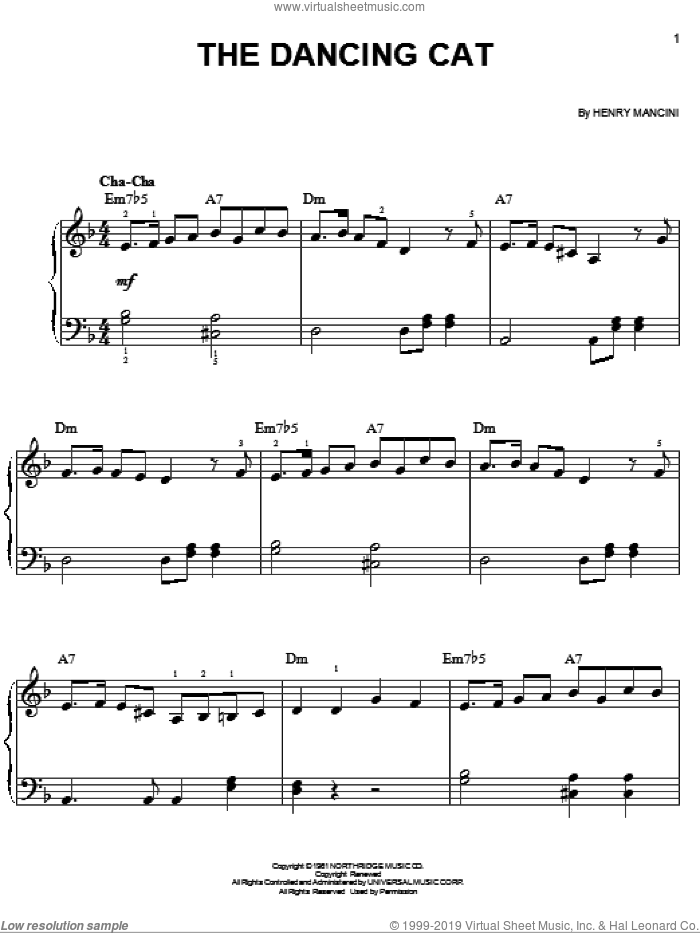 The Dancing Cat sheet music for piano solo by Henry Mancini, easy skill level