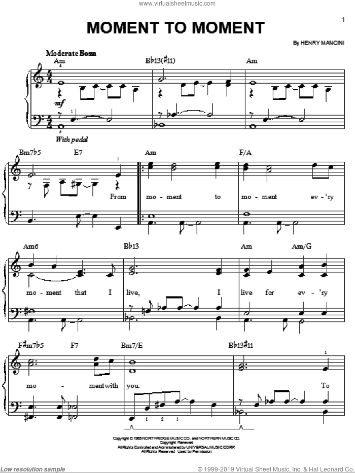 Moment To Moment sheet music for piano solo by Henry Mancini, easy skill level