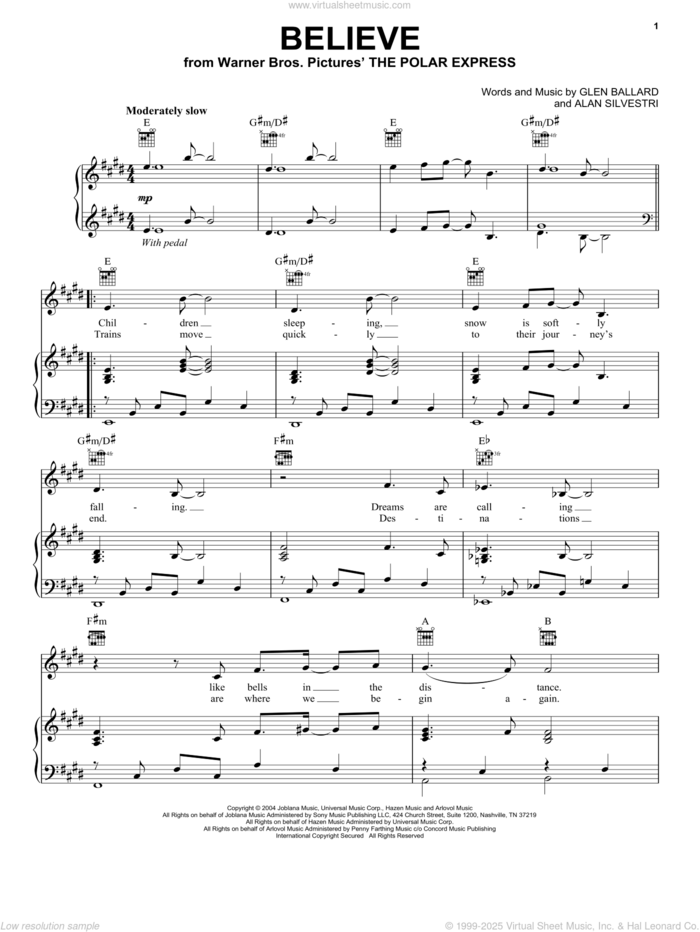 Believe (from The Polar Express) sheet music for voice, piano or guitar by Josh Groban, Alan Silvestri and Glen Ballard, intermediate skill level