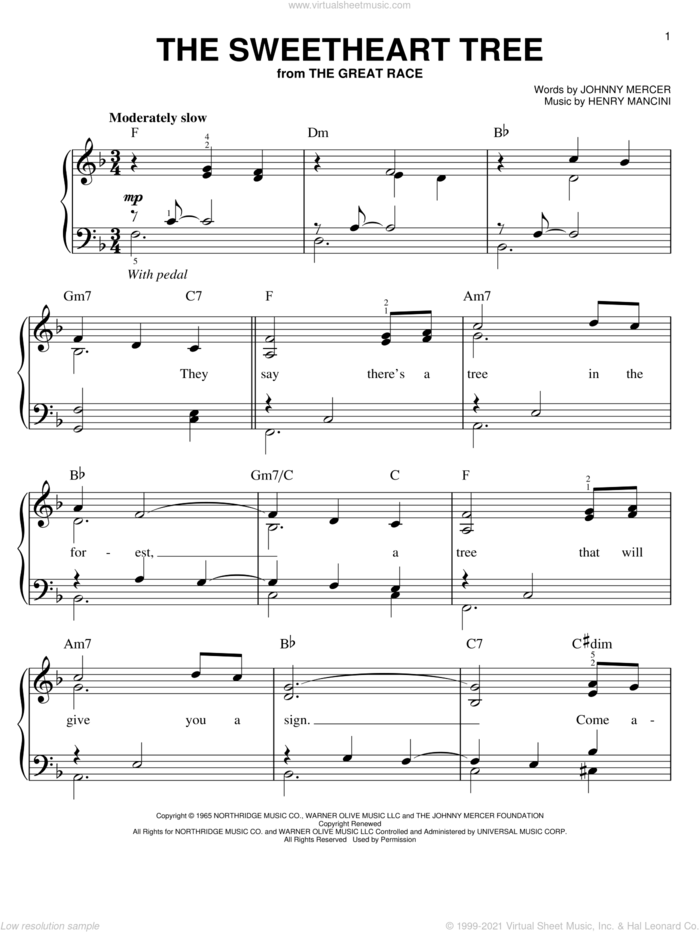 The Sweetheart Tree, (easy) sheet music for piano solo by Henry Mancini and Johnny Mercer, easy skill level