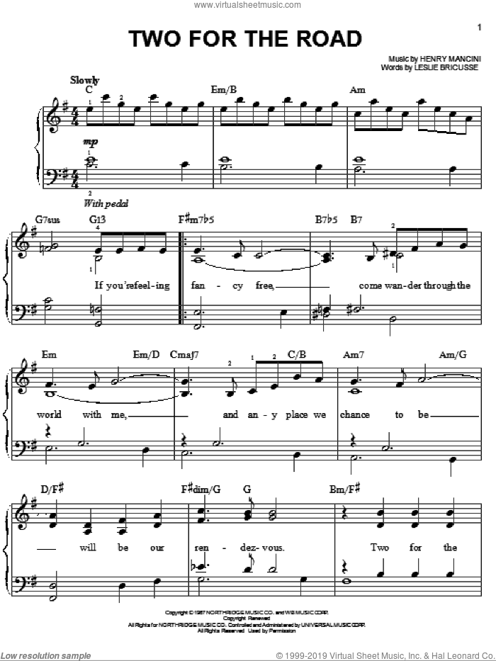 Two For The Road, (easy) sheet music for piano solo by Henry Mancini and Leslie Bricusse, easy skill level