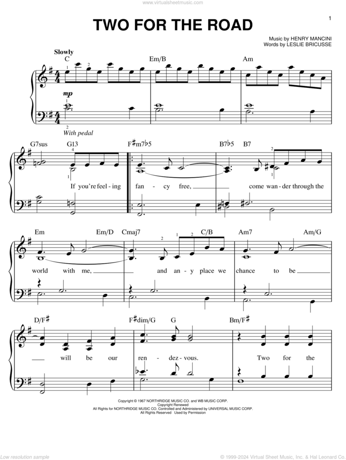 Two For The Road, (easy) sheet music for piano solo by Henry Mancini and Leslie Bricusse, easy skill level
