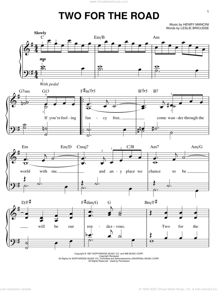 Two For The Road, (easy) sheet music for piano solo by Henry Mancini and Leslie Bricusse, easy skill level