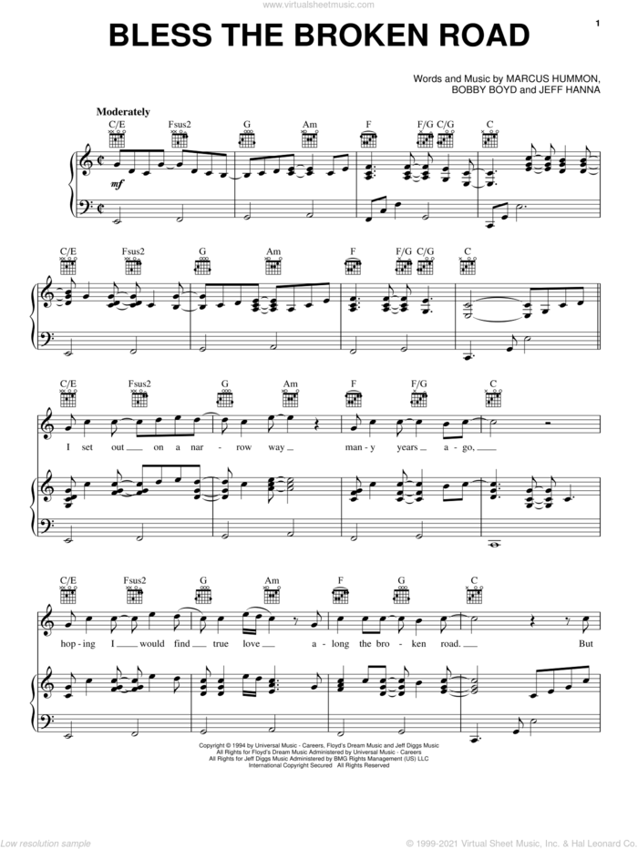 Bless The Broken Road sheet music for voice, piano or guitar by Rascal Flatts, Hannah Montana (Movie), Bobby Boyd, Jeffrey Hanna and Marcus Hummon, wedding score, intermediate skill level