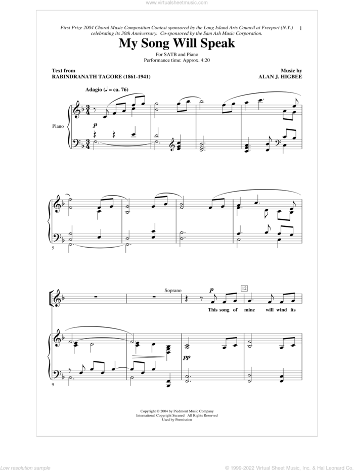 My Song Will Speak sheet music for choir (SATB: soprano, alto, tenor, bass) by Rabindranath Tagore and Alan Higbee, intermediate skill level