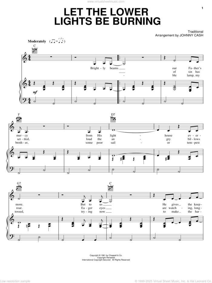 Let The Lower Lights Be Burning sheet music for voice, piano or guitar by Johnny Cash and Philip P. Bliss, intermediate skill level