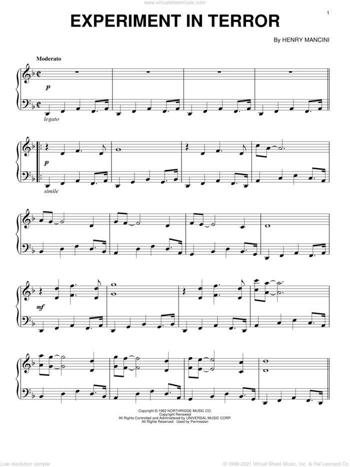 Experiment In Terror sheet music for piano solo by Henry Mancini, intermediate skill level