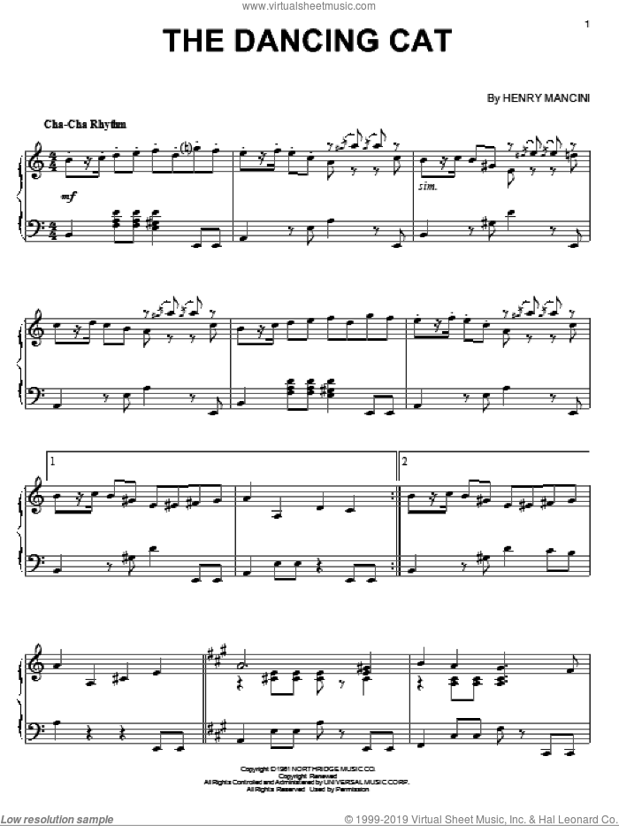 The Dancing Cat sheet music for piano solo by Henry Mancini, intermediate skill level