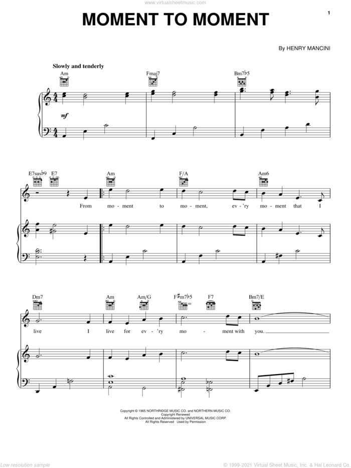 Moment To Moment sheet music for voice, piano or guitar by Henry Mancini, intermediate skill level