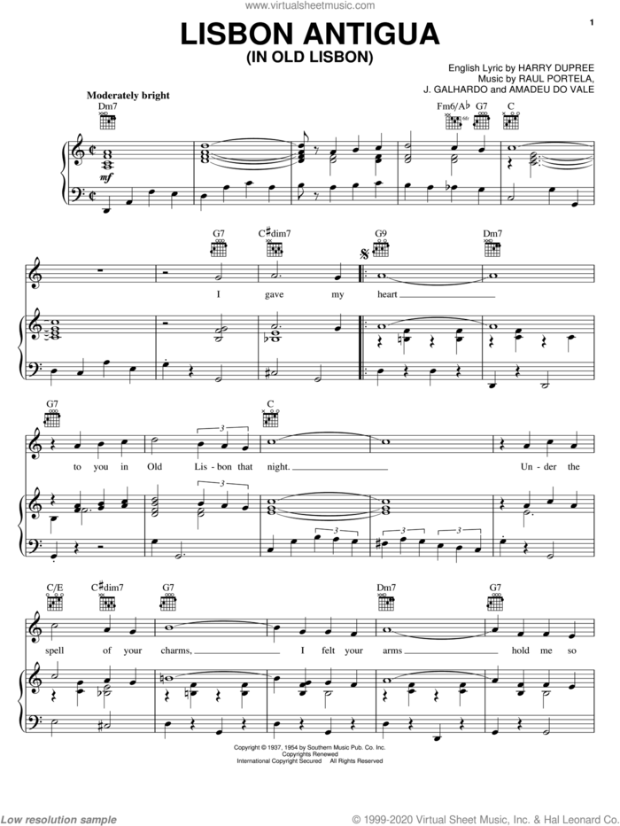 Lisbon Antigua (In Old Lisbon) sheet music for voice, piano or guitar by Nelson Riddle & His Orchestra, Amadeu Do Vale, Harry Dupree and J. Galhardo, intermediate skill level