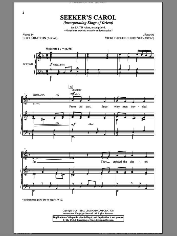 Seeker's Carol sheet music for choir (SATB: soprano, alto, tenor, bass) by John H. Hopkins, Jr., Vicki Tucker Courtney and Bert Stratton, intermediate skill level