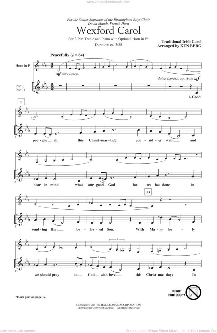 Wexford Carol sheet music for choir (2-Part) by Ken Berg and Miscellaneous, intermediate duet