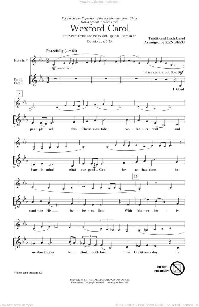 Wexford Carol sheet music for choir (2-Part) by Ken Berg and Miscellaneous, intermediate duet