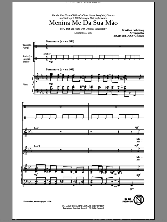 Menina Me Da Sua Mao (Give Me Your Hand, Menina) sheet music for choir (2-Part) by Brad Green, Brazilian Folk Song and Lucy Green, intermediate duet