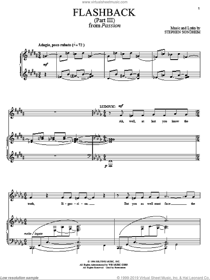 Flashback sheet music for voice and piano by Stephen Sondheim and Passion (Musical), intermediate skill level