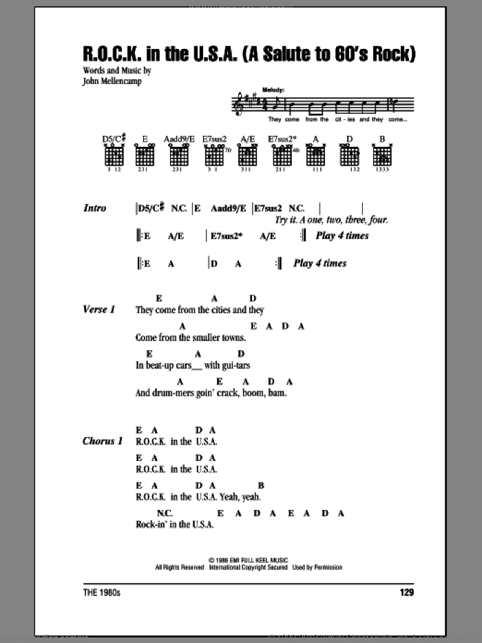 R.O.C.K. In The U.S.A. (A Salute To 60's Rock) sheet music for guitar (chords) by John Mellencamp, intermediate skill level