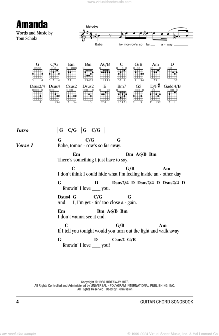 Amanda sheet music for guitar (chords) by Boston and Tom Scholz, intermediate skill level