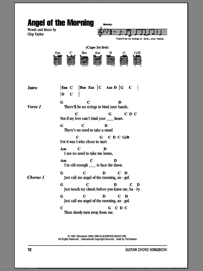 Angel Of The Morning sheet music for guitar (chords) by Juice Newton and Chip Taylor, intermediate skill level