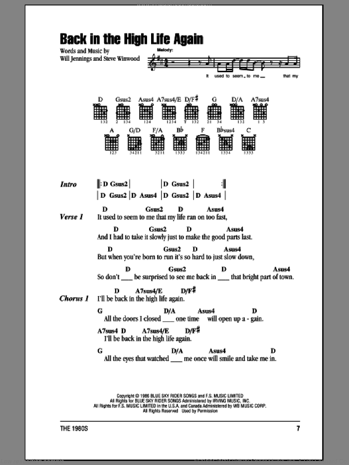 Back In The High Life Again sheet music for guitar (chords) by Steve Winwood and Will Jennings, intermediate skill level