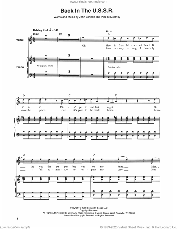 Back In The U.S.S.R. sheet music for keyboard or piano by The Beatles, John Lennon and Paul McCartney, intermediate skill level