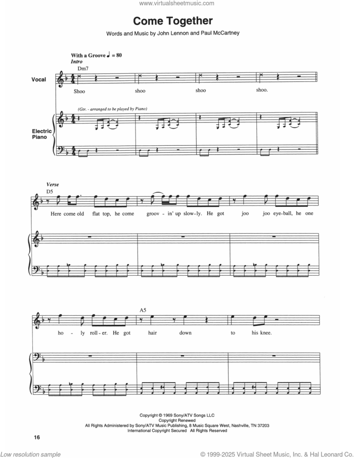 Come Together sheet music for keyboard or piano by The Beatles, John Lennon and Paul McCartney, intermediate skill level