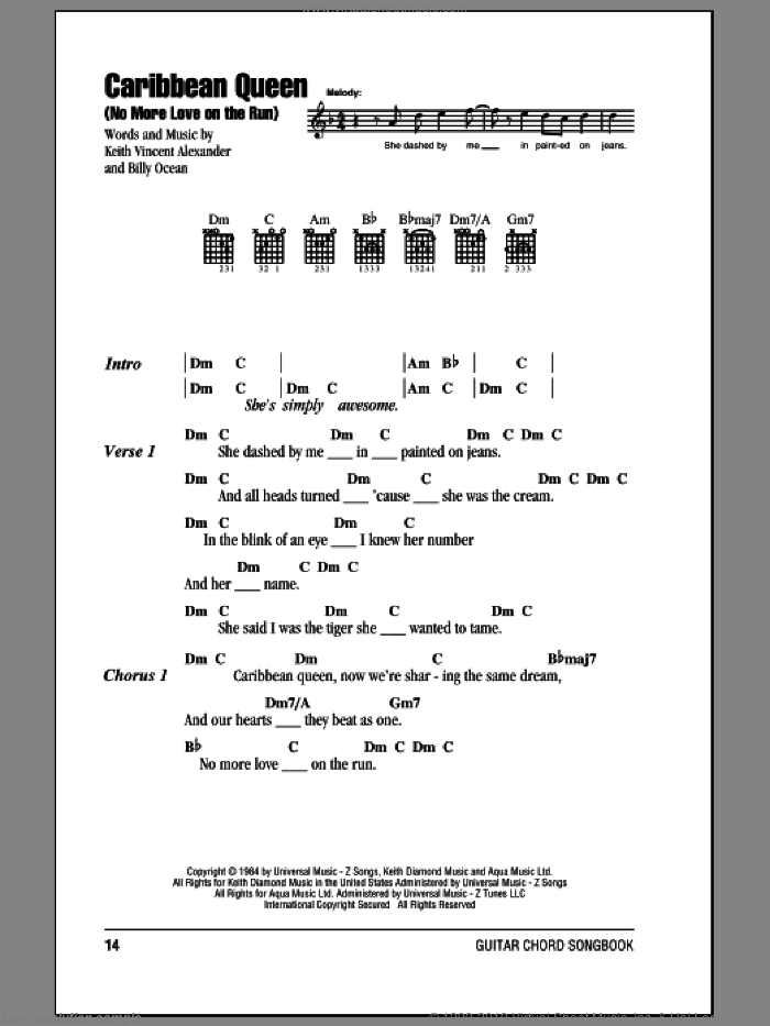 Caribbean Queen (No More Love On The Run) sheet music for guitar (chords) by Billy Ocean and Keith Vincent Alexander, intermediate skill level