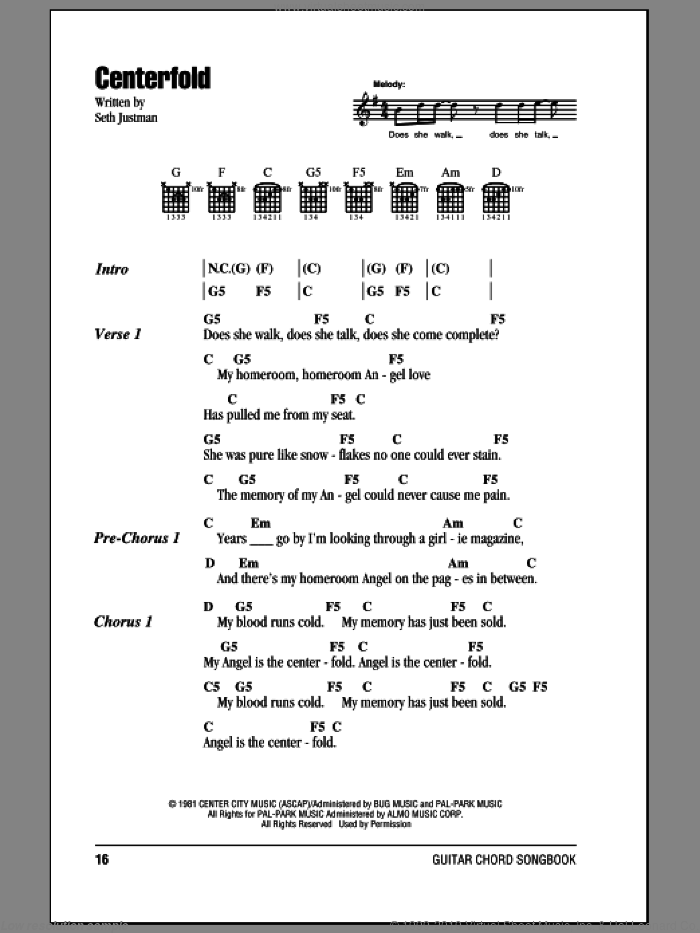 Centerfold sheet music for guitar (chords) by J. Geils Band and Seth Justman, intermediate skill level