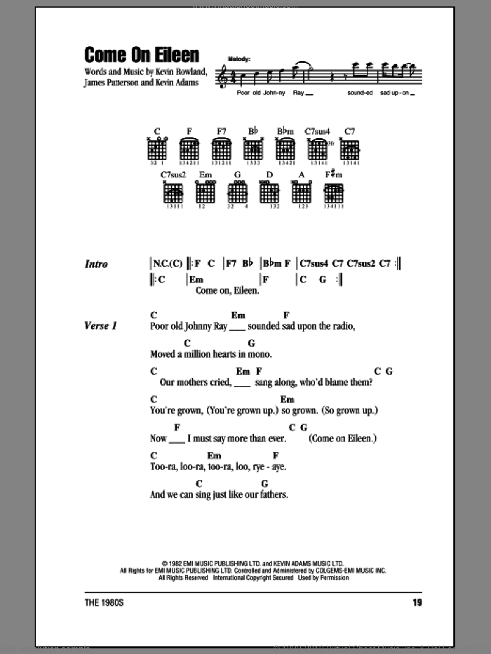 Come On Eileen sheet music for guitar (chords) by Dexy's Midnight Runners, James Patterson, Kevin Adams and Kevin Rowland, intermediate skill level