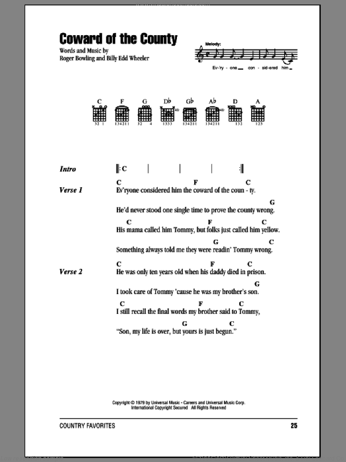 Coward Of The County sheet music for guitar (chords) by Kenny Rogers, Billy Edd Wheeler and Roger Bowling, intermediate skill level