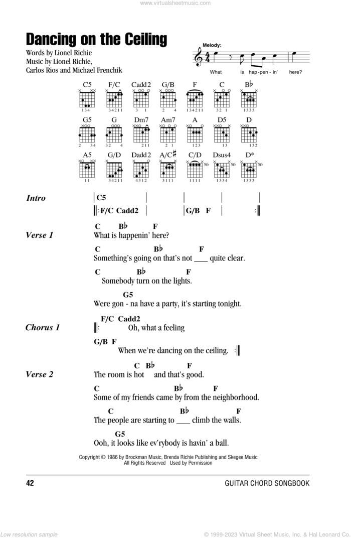 Dancing On The Ceiling sheet music for guitar (chords) by Lionel Richie, Carlos Rios and Michael Frenchik, intermediate skill level