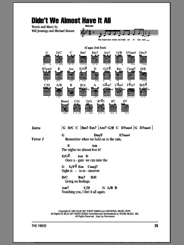 Didn't We Almost Have It All sheet music for guitar (chords) by Whitney Houston, Michael Masser and Will Jennings, intermediate skill level