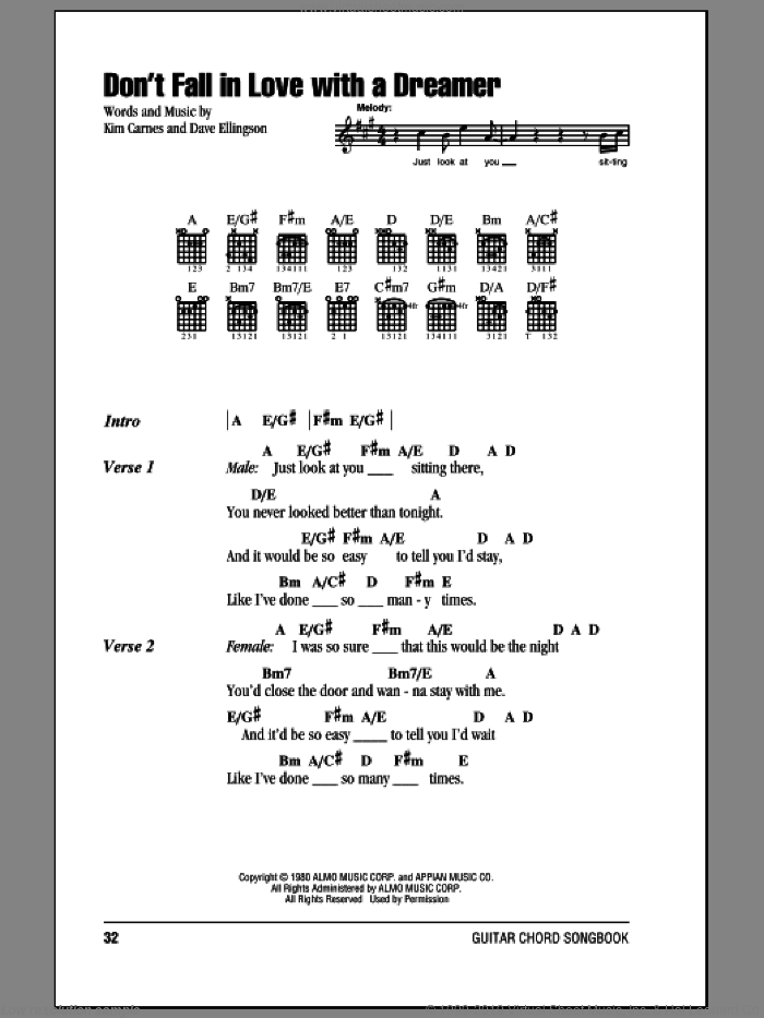 Don't Fall In Love With A Dreamer sheet music for guitar (chords) by Kenny Rodgers & Kim Carnes, Dave Ellingson and Kim Carnes, intermediate skill level