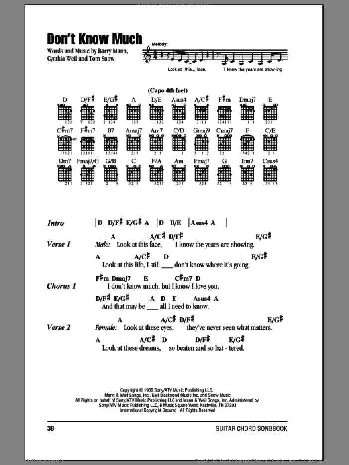 Don't Know Much sheet music for guitar (chords) by Linda Ronstadt and Aaron Neville, Aaron Neville and Linda Ronstadt, Barry Mann, Cynthia Weil and Tom Snow, wedding score, intermediate skill level