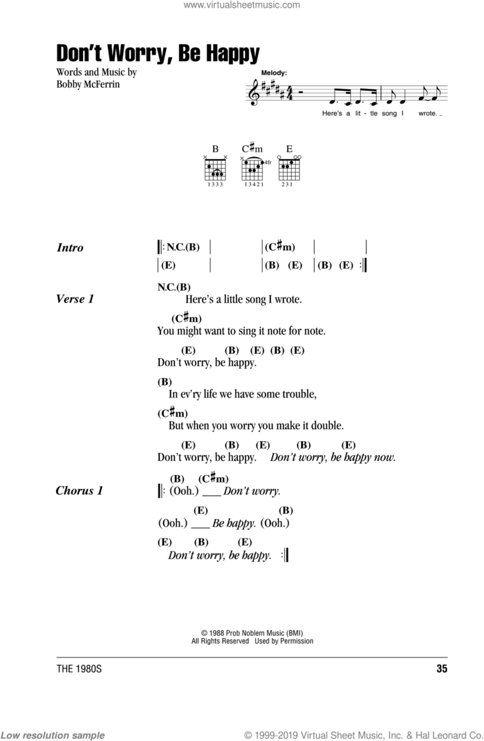 Don't Worry, Be Happy sheet music for guitar (chords) by Bobby McFerrin, intermediate skill level