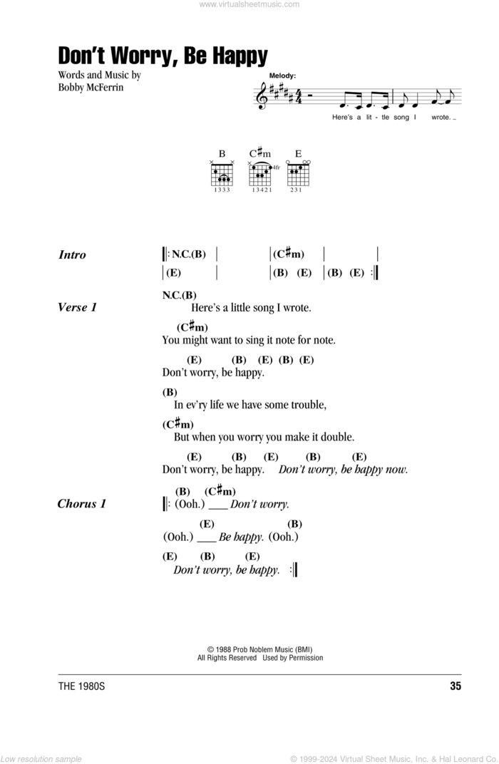 Don't Worry, Be Happy sheet music for guitar (chords) by Bobby McFerrin, intermediate skill level