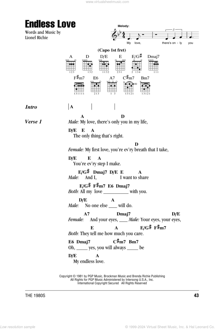 Endless Love sheet music for guitar (chords) by Lionel Richie & Diana Ross and Lionel Richie, wedding score, intermediate skill level