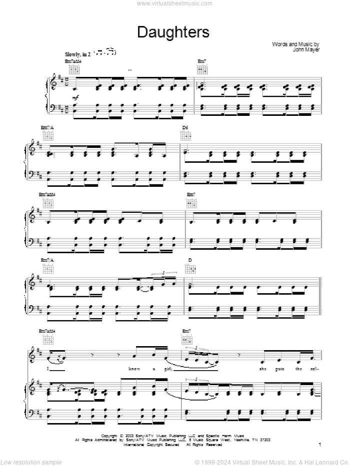 Daughters sheet music for voice, piano or guitar by John Mayer, intermediate skill level