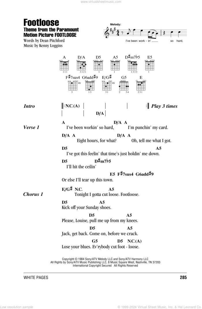 Footloose sheet music for guitar (chords) by Kenny Loggins, Footloose (Movie) and Dean Pitchford, intermediate skill level