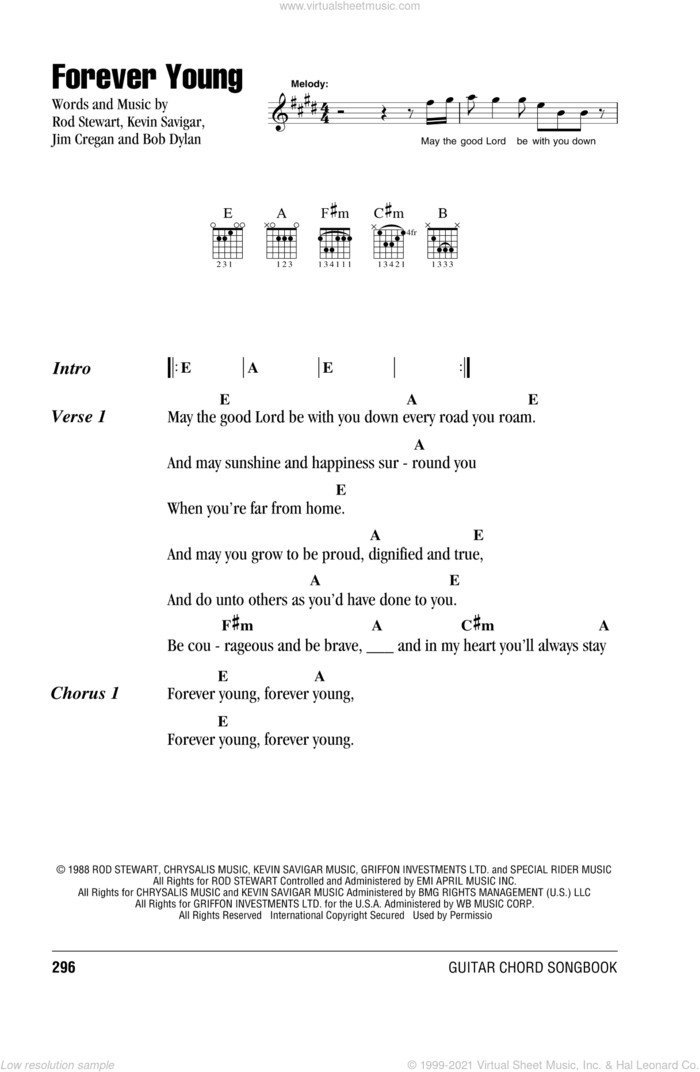 Forever Young sheet music for guitar (chords) by Rod Stewart, Bob Dylan, Jim Cregan and Kevin Savigar, intermediate skill level
