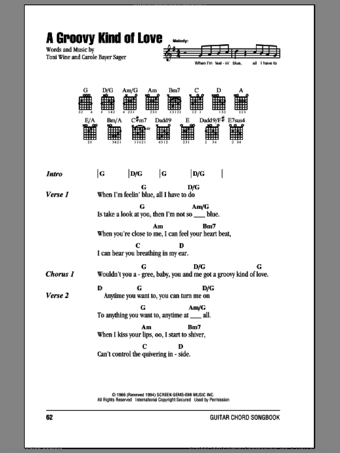 A Groovy Kind Of Love sheet music for guitar (chords) by The Mindbenders, Phil Collins, Carole Bayer Sager and Toni Wine, wedding score, intermediate skill level