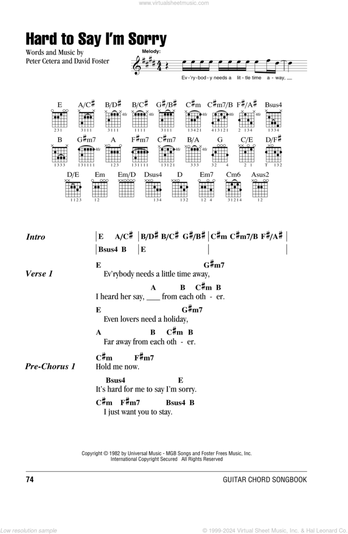 Hard To Say I'm Sorry sheet music for guitar (chords) by Chicago, David Foster and Peter Cetera, intermediate skill level