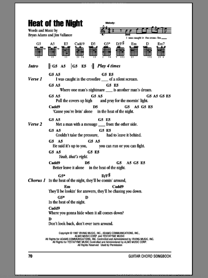 Heat Of The Night sheet music for guitar (chords) by Bryan Adams and Jim Vallance, intermediate skill level