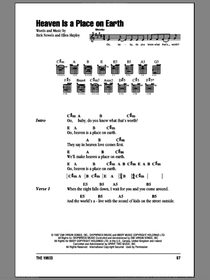 Heaven Is A Place On Earth sheet music for guitar (chords) by Belinda Carlisle, Ellen Shipley and Rick Nowels, intermediate skill level