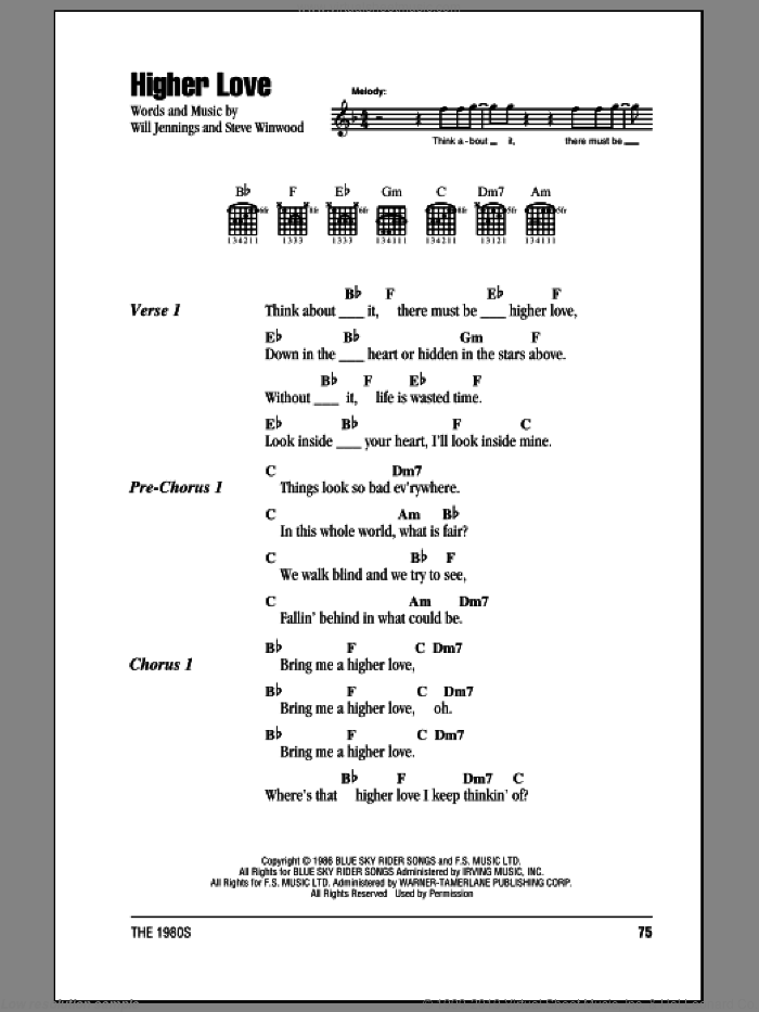 Higher Love sheet music for guitar (chords) by Steve Winwood and Will Jennings, intermediate skill level